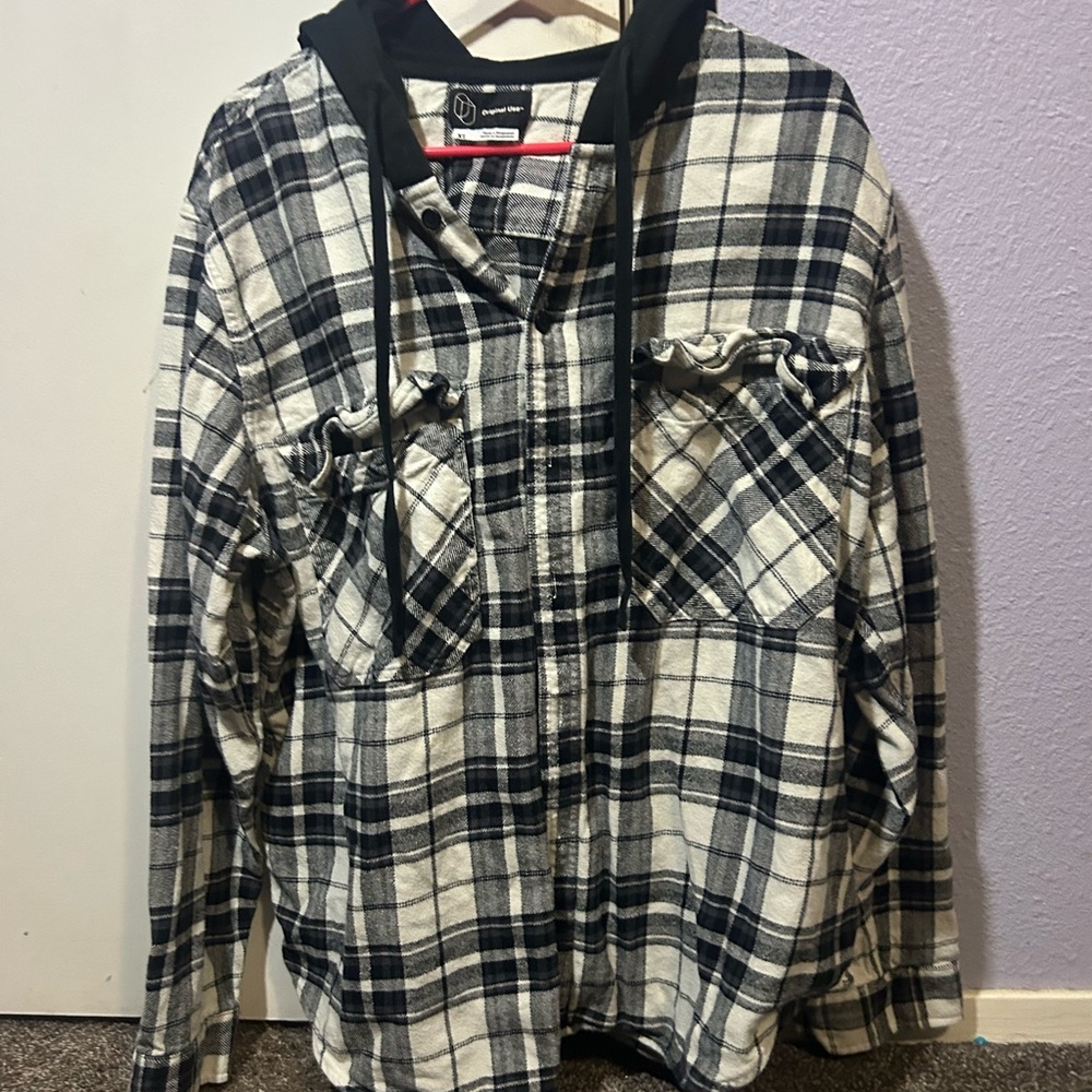 Black and White Plaid Hooded Shirt